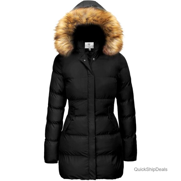 Women's Winter Puffer Coat with Removable Faux Fur Hood Waterproof Slim Fit